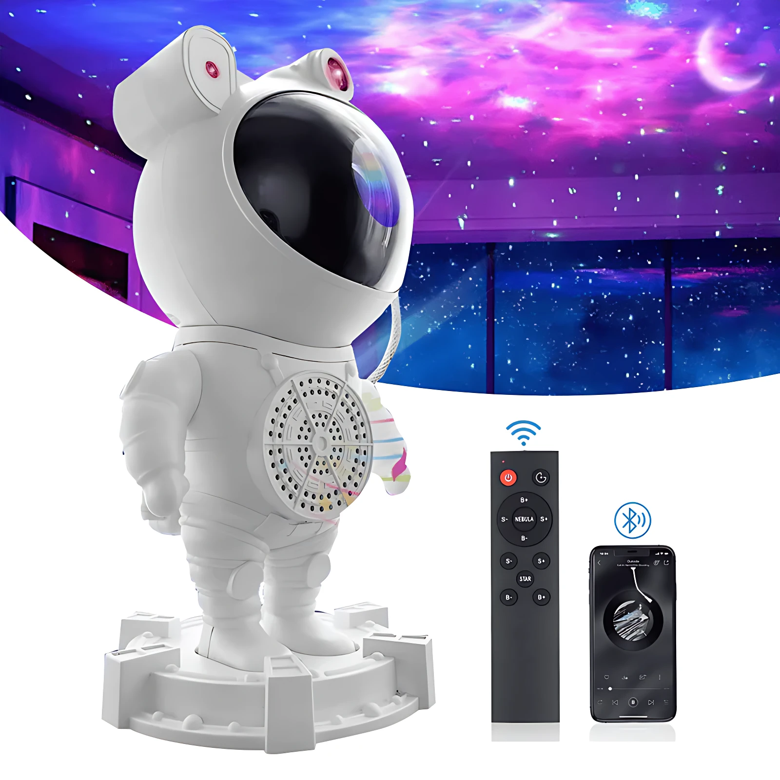Proyector de estrellas en forma de astronauta blanco con control remoto y app móvil, proyectando cielo nocturno con luna y estrellas.