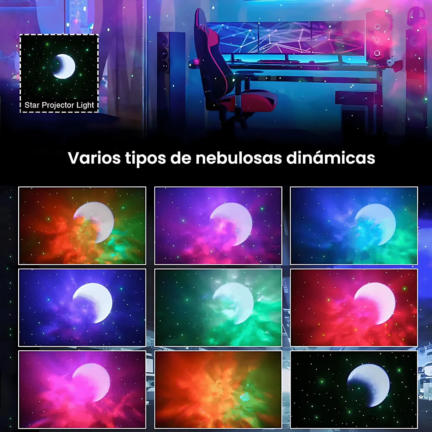 Proyector de estrellas con luna y nebulosas dinámicas en colores vibrantes, ideal para ambientación nocturna.