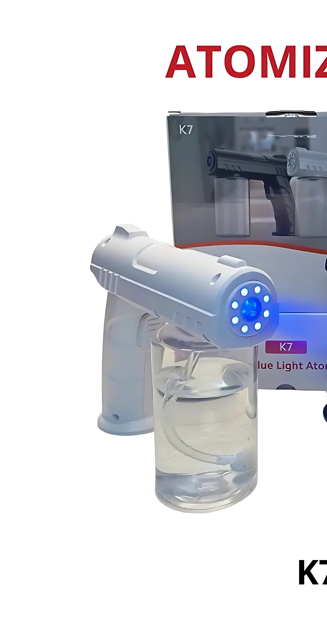 Atomizador pistola K7 en color blanco, con luz azul LED visible en la boquilla y depósito transparente de líquido, acompañado de su caja de presentación.