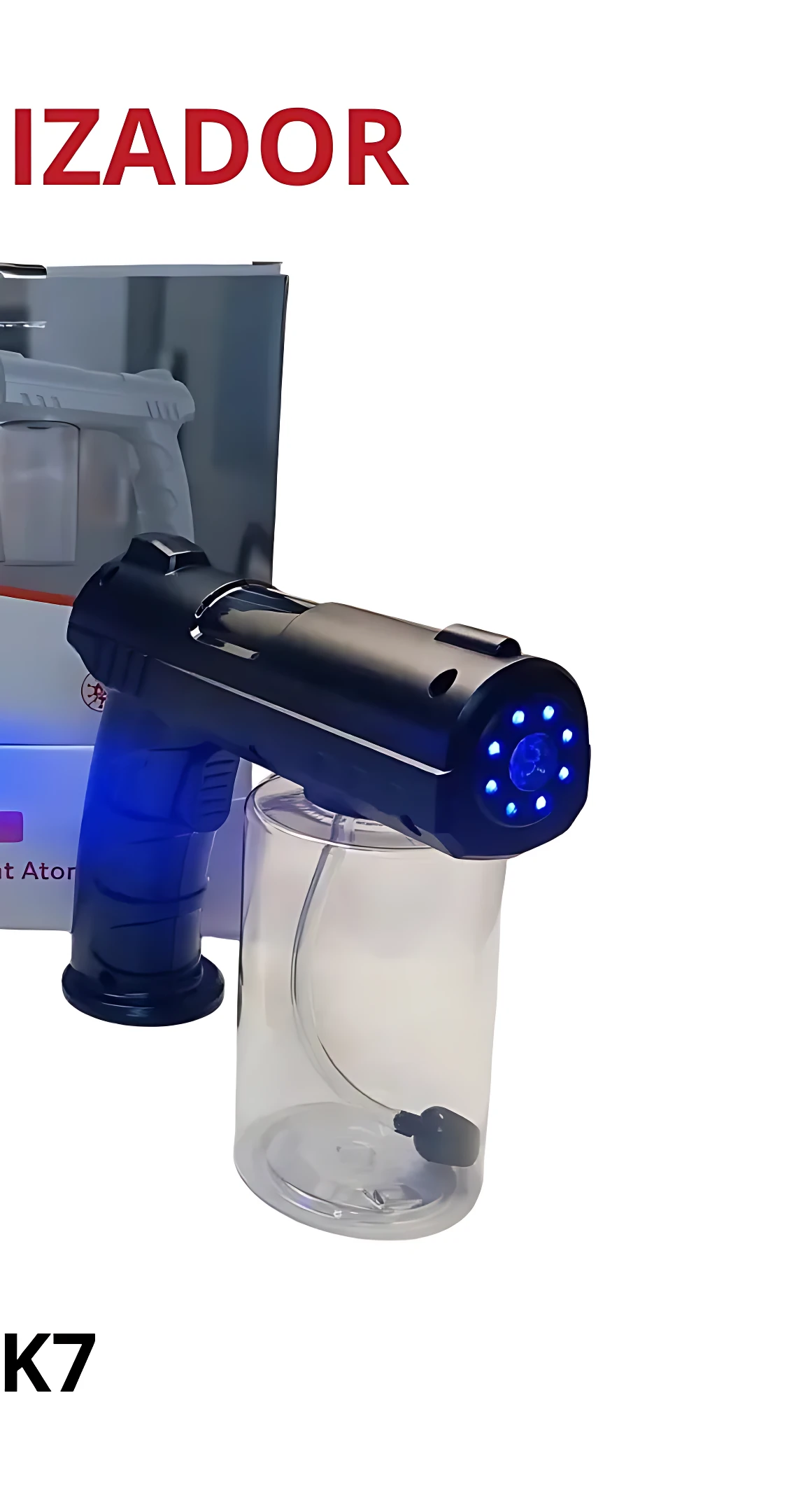 Atomizador pistola K7 en color negro con luz azul LED, depósito transparente y boquilla de nano atomización para humedecer cabello.