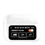 Caja de carga blanca de auriculares A9 Pro con pantalla digital mostrando batería al 100%, modo ambiente activo y controles de cancelación de ruido.