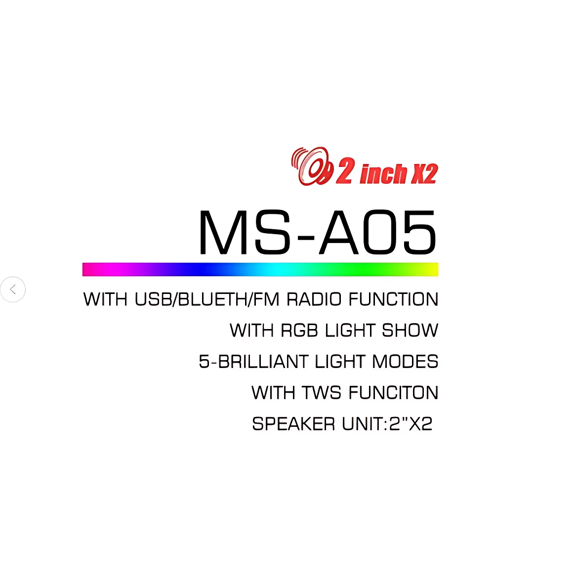 Altavoz portátil MS-A05 con luces RGB, dos unidades de 2 pulgadas, incluye USB, Bluetooth y radio FM.