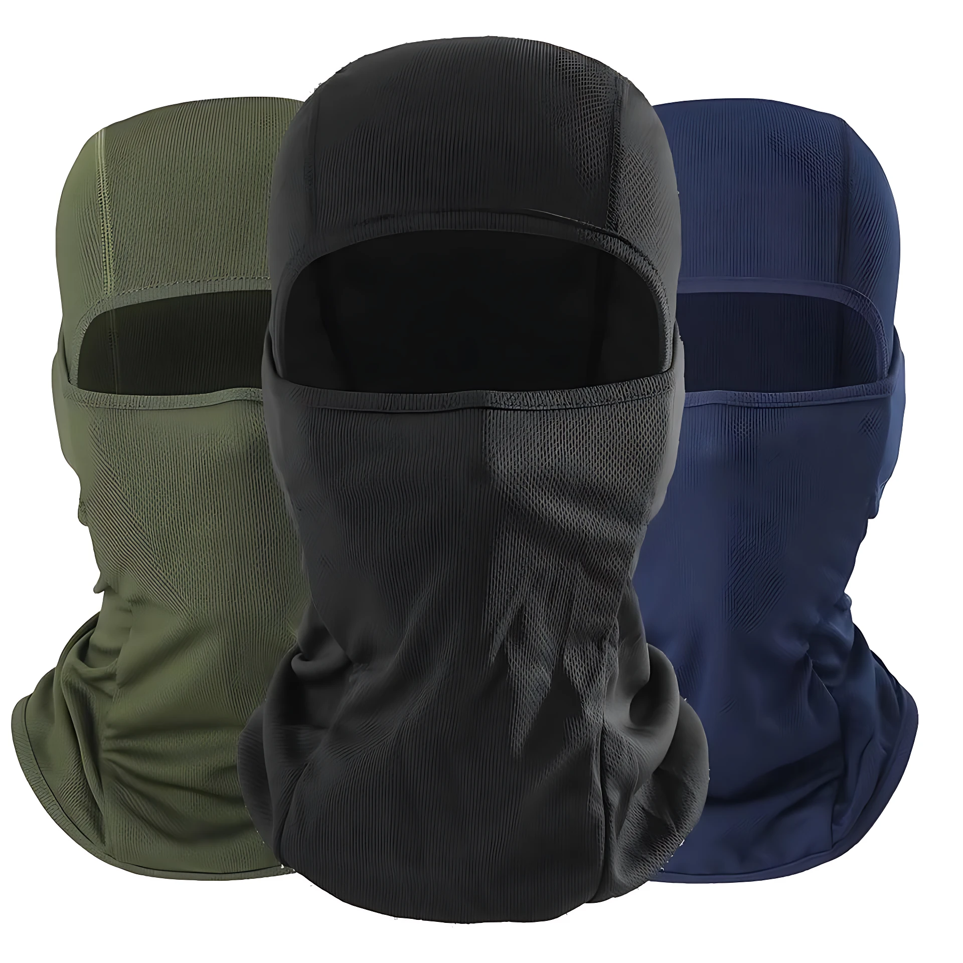 Tres balaclavas de algodón licrado en verde oliva, negro y azul marino, mostrando la parte frontal con abertura para los ojos y cuello cubierto.
