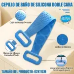 Banda corporal de silicona azul con doble textura, mango ergonómico y medidas 62x11 cm, ideal para exfoliación y masaje en la ducha.