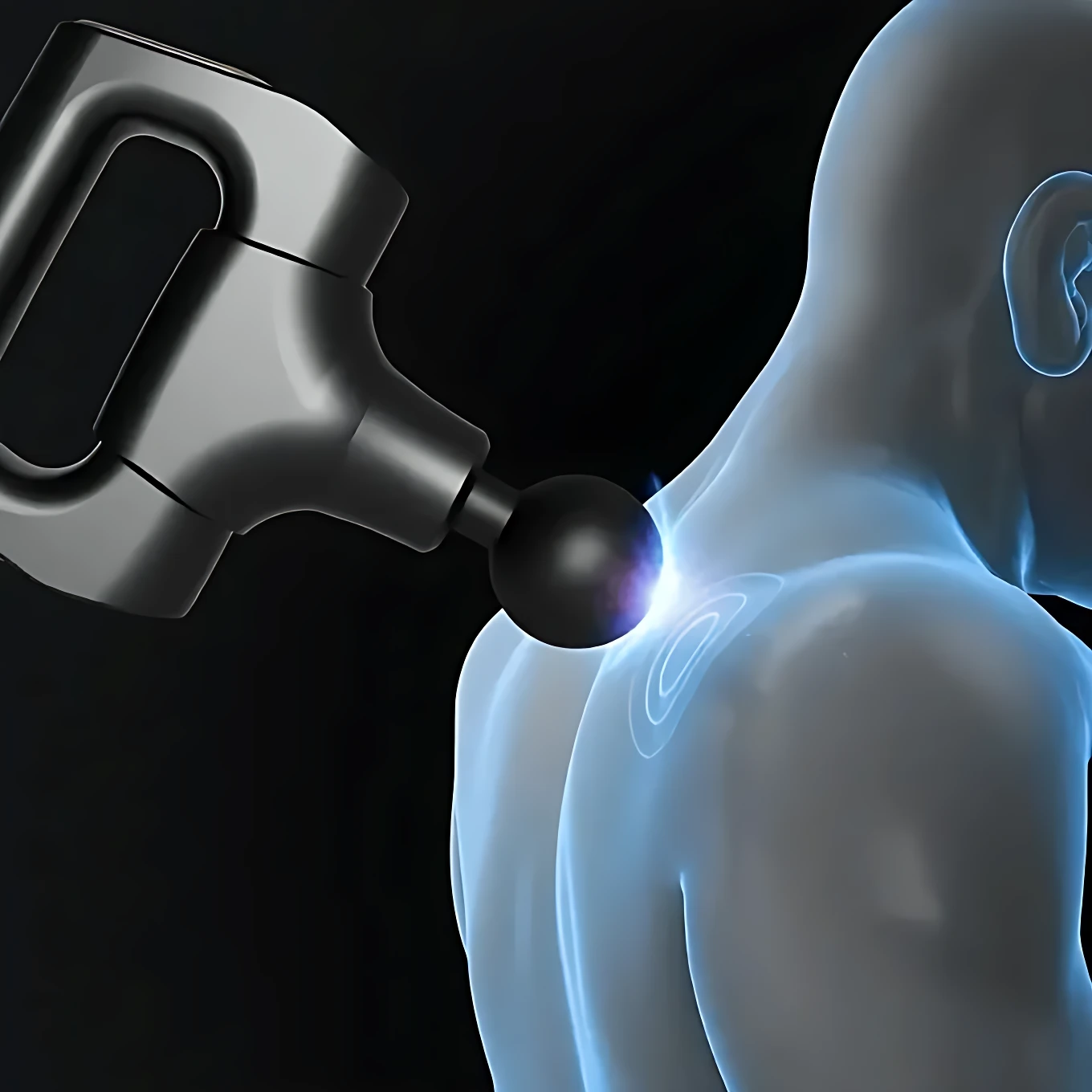 Masajeador de cuello y hombros con bola de masaje en acción sobre figura humana translúcida, emitiendo luz azul en zona de aplicación.