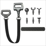 Banda elástica negra con mango ergonómico, seis puntas intercambiables y rodillo de masaje para alivio muscular.