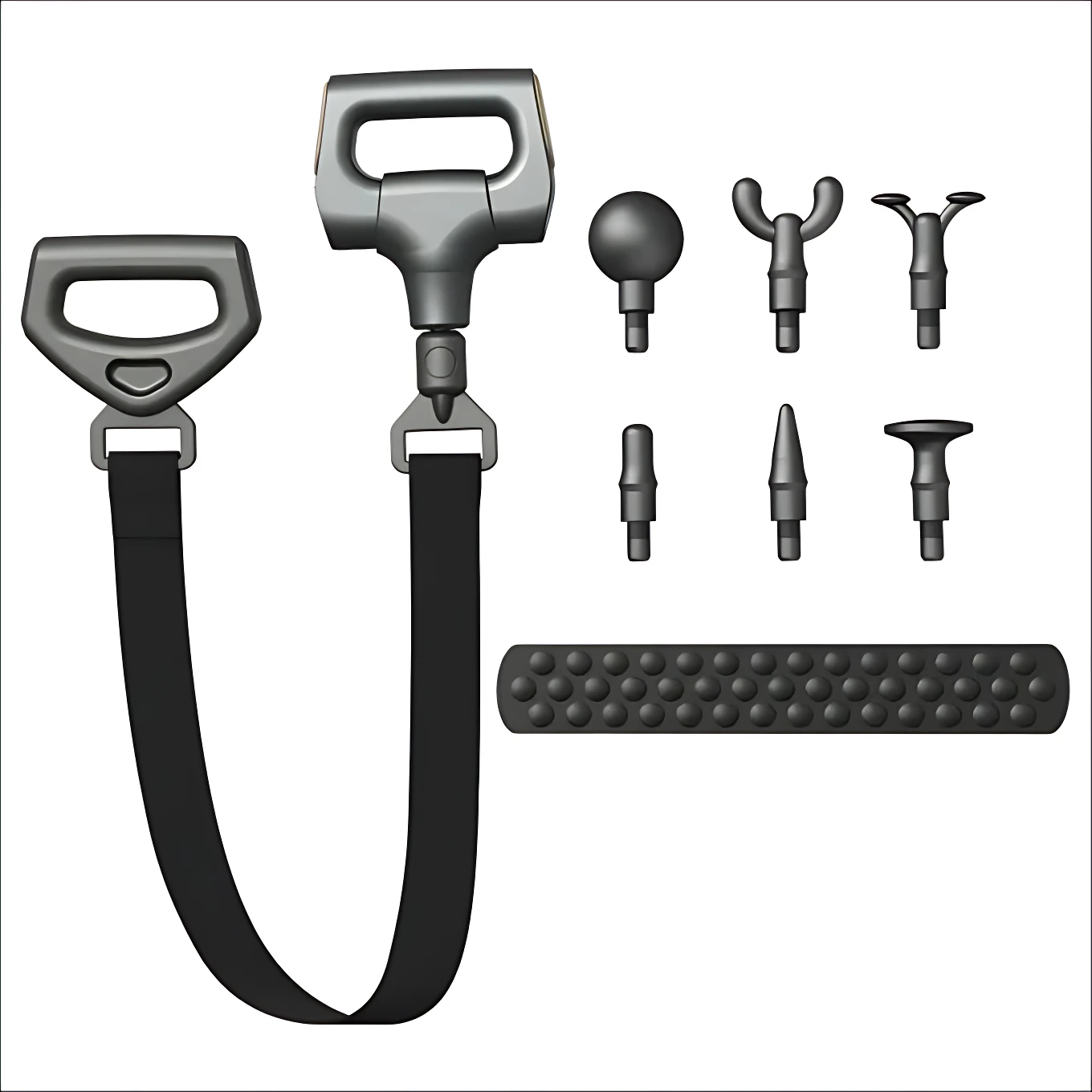 Banda elástica negra con mango ergonómico, seis puntas intercambiables y rodillo de masaje para alivio muscular.