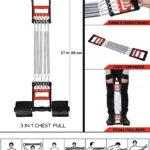Bandas metálicas de tracción y empuje en color negro y rojo, con manijas ergonómicas y pies antideslizantes. Mide 27 pulgadas (69 cm) de altura. Incluye diagramas de ejercicios para pecho, brazos y piernas.