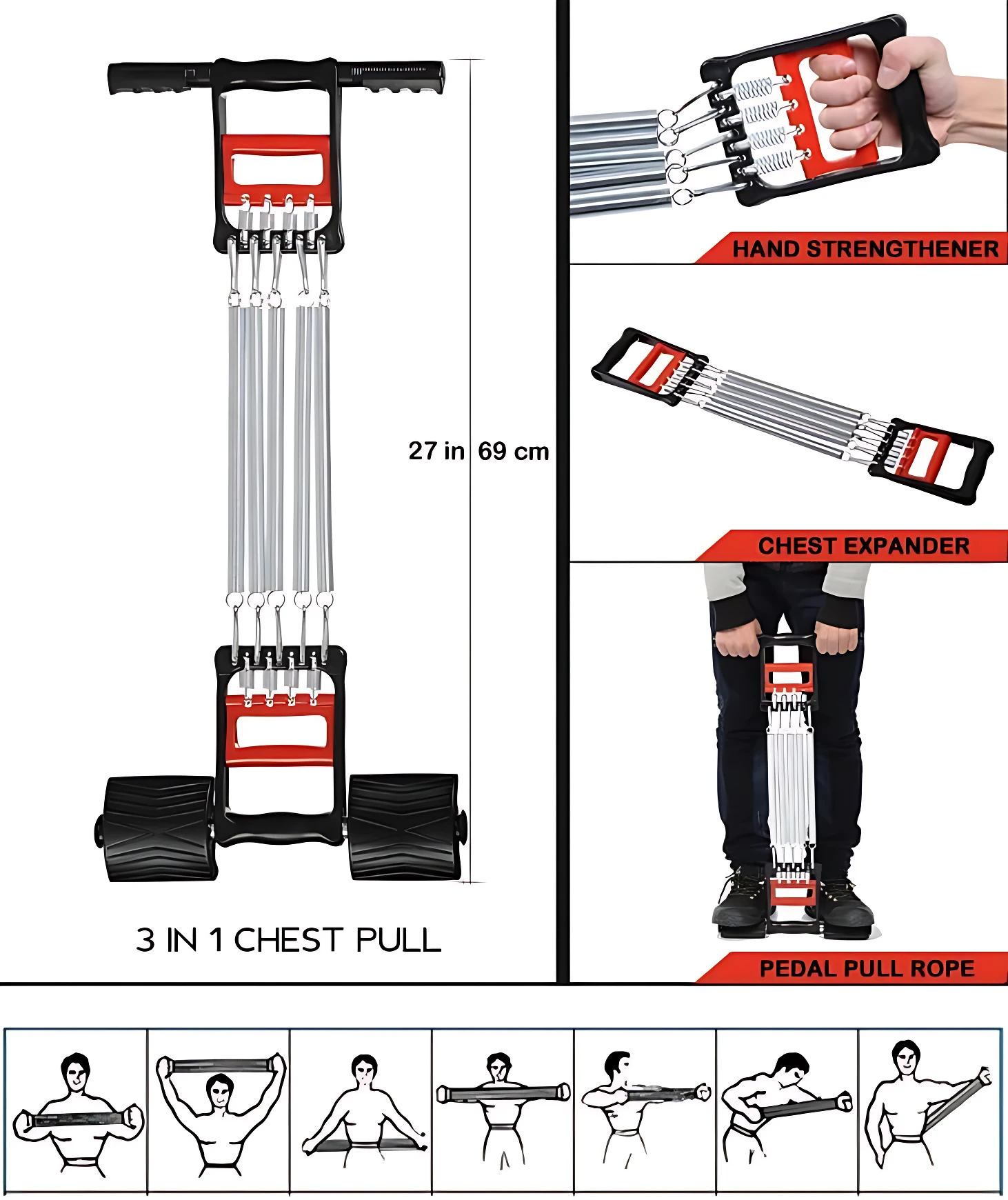 Bandas metálicas de tracción y empuje en color negro y rojo, con manijas ergonómicas y pies antideslizantes. Mide 27 pulgadas (69 cm) de altura. Incluye diagramas de ejercicios para pecho, brazos y piernas.
