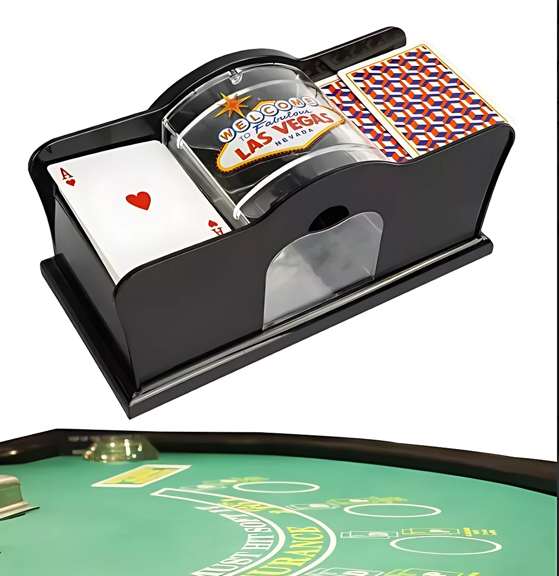 Barajador manual mecánico negro con diseño de Las Vegas, mostrando cartas de juego y tapete verde de casino en primer plano.