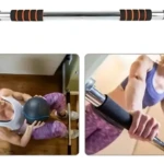 Barra de ejercicio para marcos de puerta con agarres antideslizantes, mostrando uso en entrenamiento de pecho, espalda y abdomen en espacios reducidos.