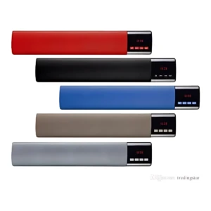 Cinco barras de sonido Bluetooth B28S en colores rojo, negro, azul, beige y gris, con panel digital y botones visibles en extremo derecho.