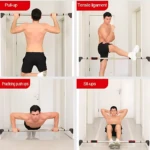 Barra de ejercicios para puerta en color negro con mangos antideslizantes, mostrando cuatro posiciones de entrenamiento: dominadas, estiramiento, flexiones y abdominales.