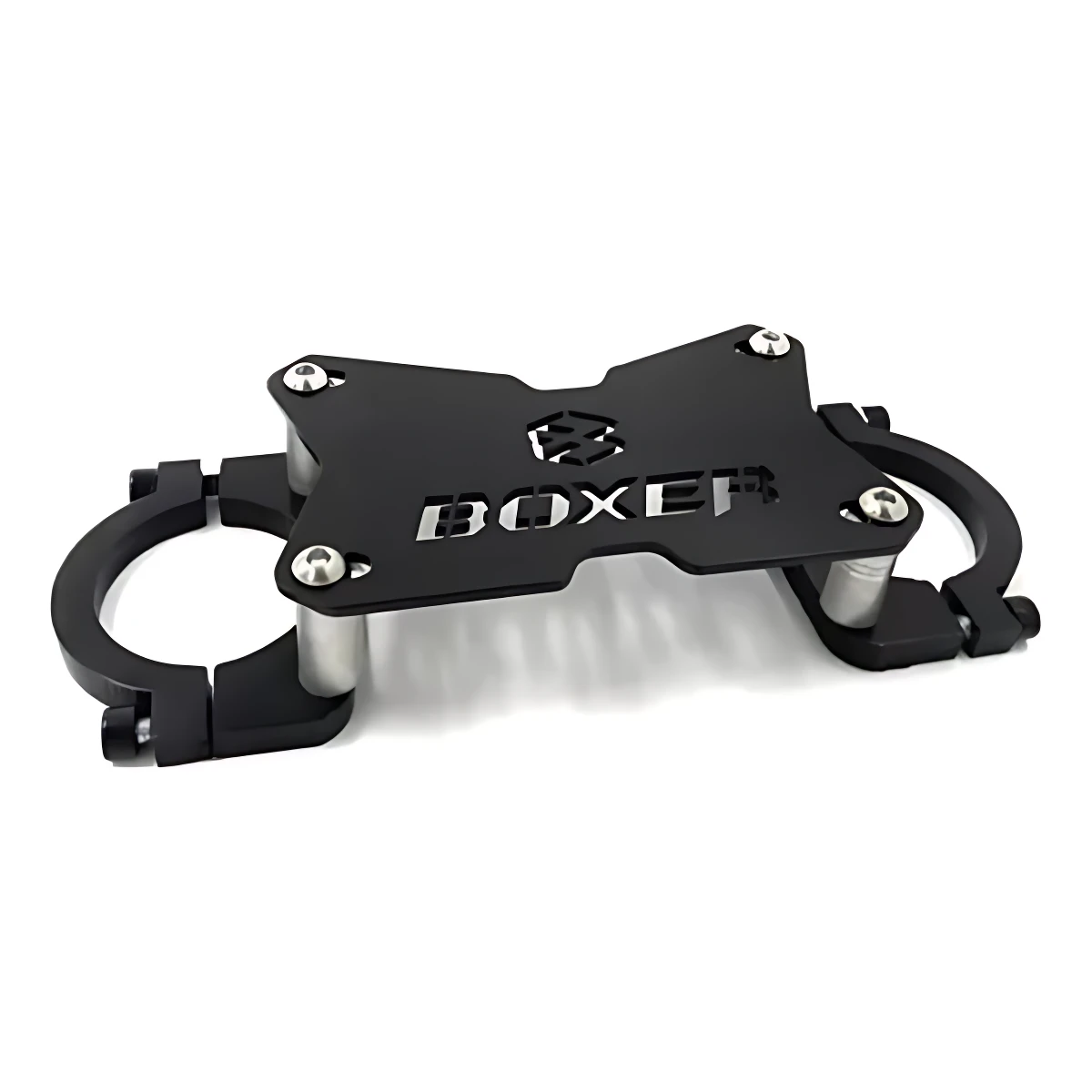 Barra estabilizadora Boxer 100-125 en color negro mate, con soportes metálicos y tornillos visibles, diseñada para montaje en manubrio de motocicleta.