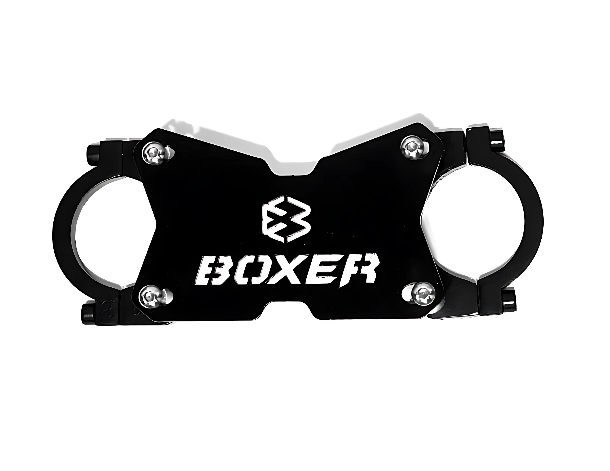 Barra estabilizadora Boxer 100-125 en color negro con logotipo blanco y terminales de montaje visibles.