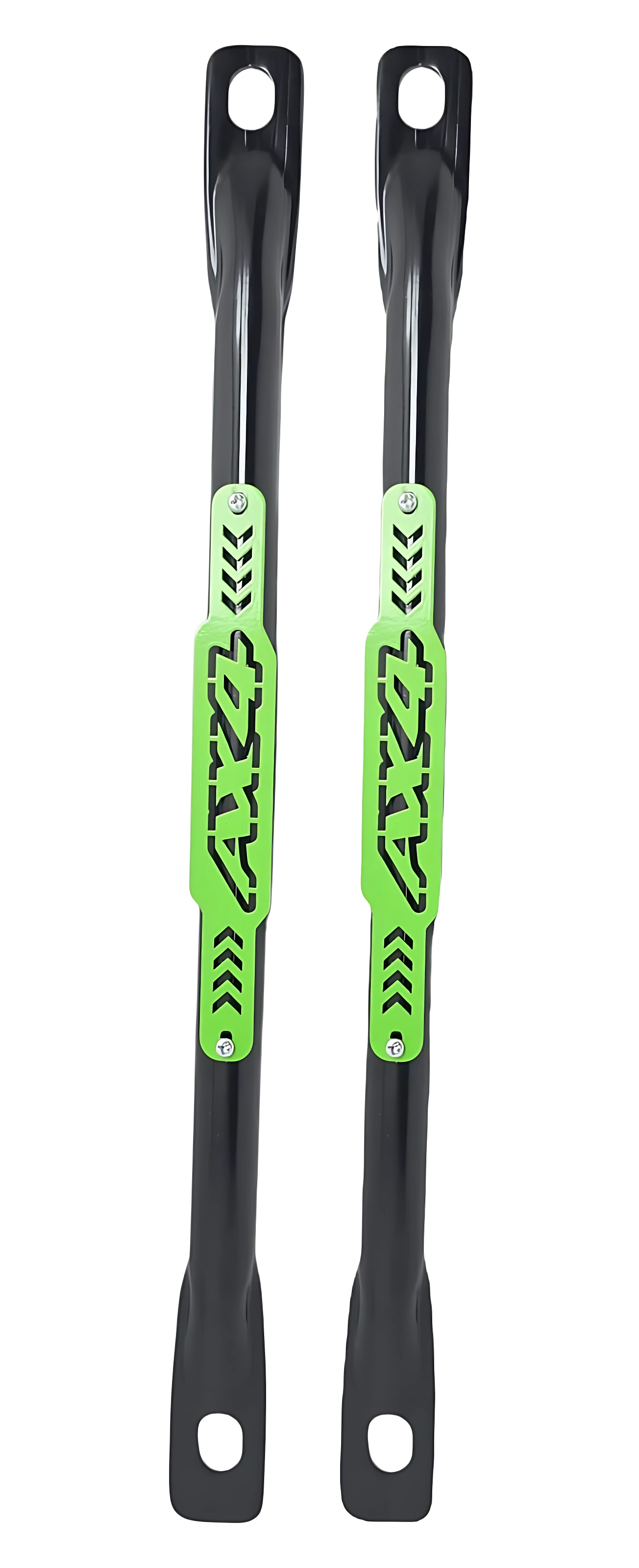 Barra estabilizadora trasera tubular Ax4 en acero inoxidable, con acabado negro y detalles en verde lima, diseñada para proteger chasis de golpes laterales y evitar daños al motor.