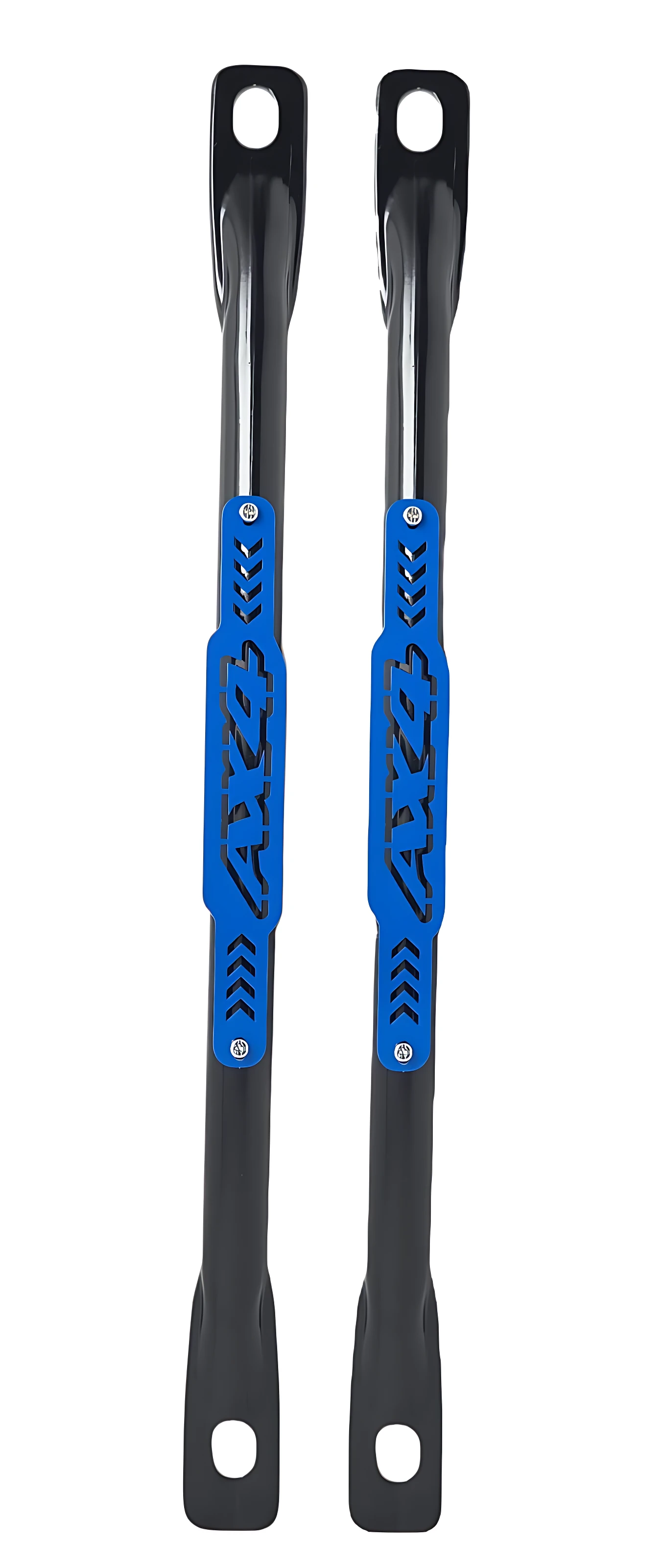 Barra estabilizadora trasera Ax4 en acero inoxidable, con mango negro y zona de agarre azul texturizado, diseñada para proteger chasis de impactos laterales.