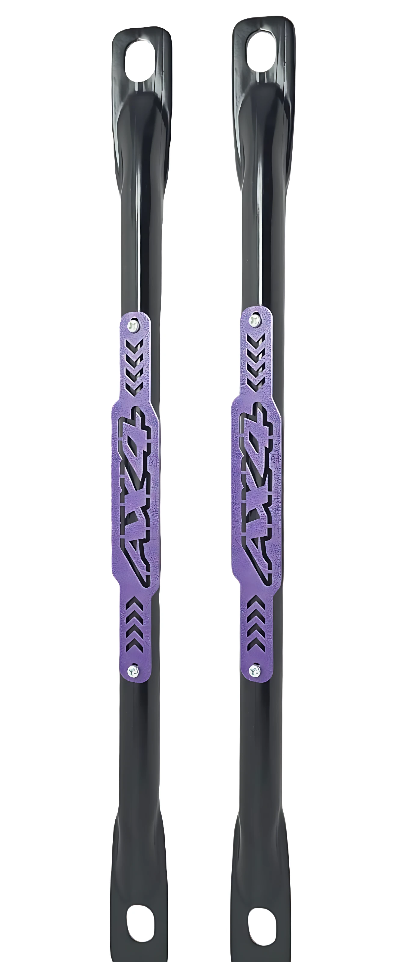 Barra estabilizadora trasera Ax4 en acero inoxidable, color negro con detalles en morado, vista frontal mostrando logotipo y textura de agarre.
