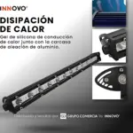 Barra LED negra de 36W con disipador de aluminio y gel de silicona, vista lateral y detalles de montaje.