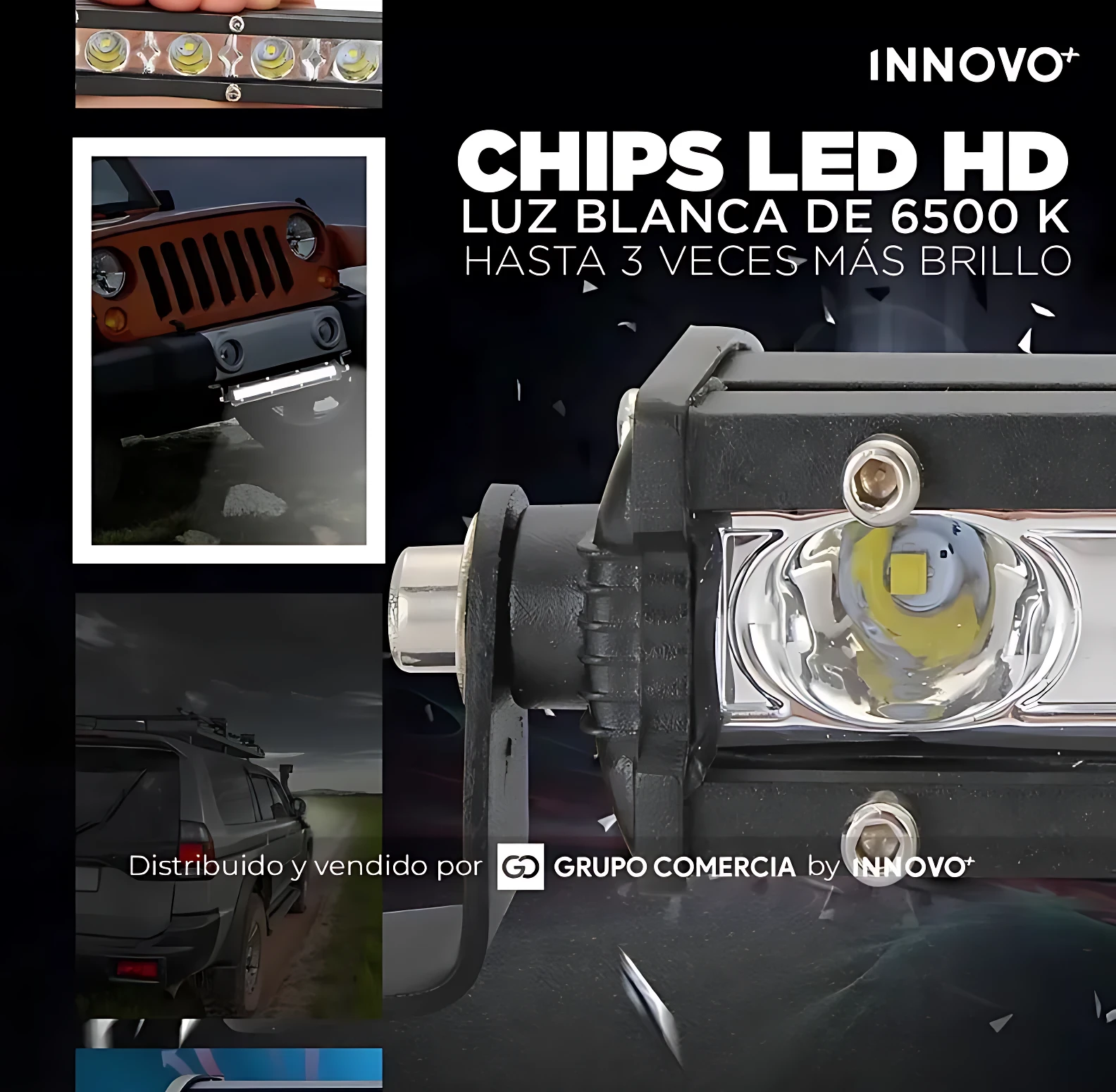 Barra LED 36W Slim HD Exploradora en color negro, con chips visibles y montaje lateral, diseñada para iluminación nocturna en vehículos todoterreno.