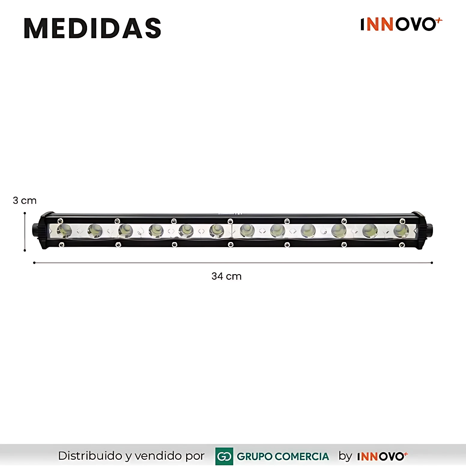 Barra LED Slim de 34 cm con 10 luces, vista frontal con dimensiones marcadas en cm.
