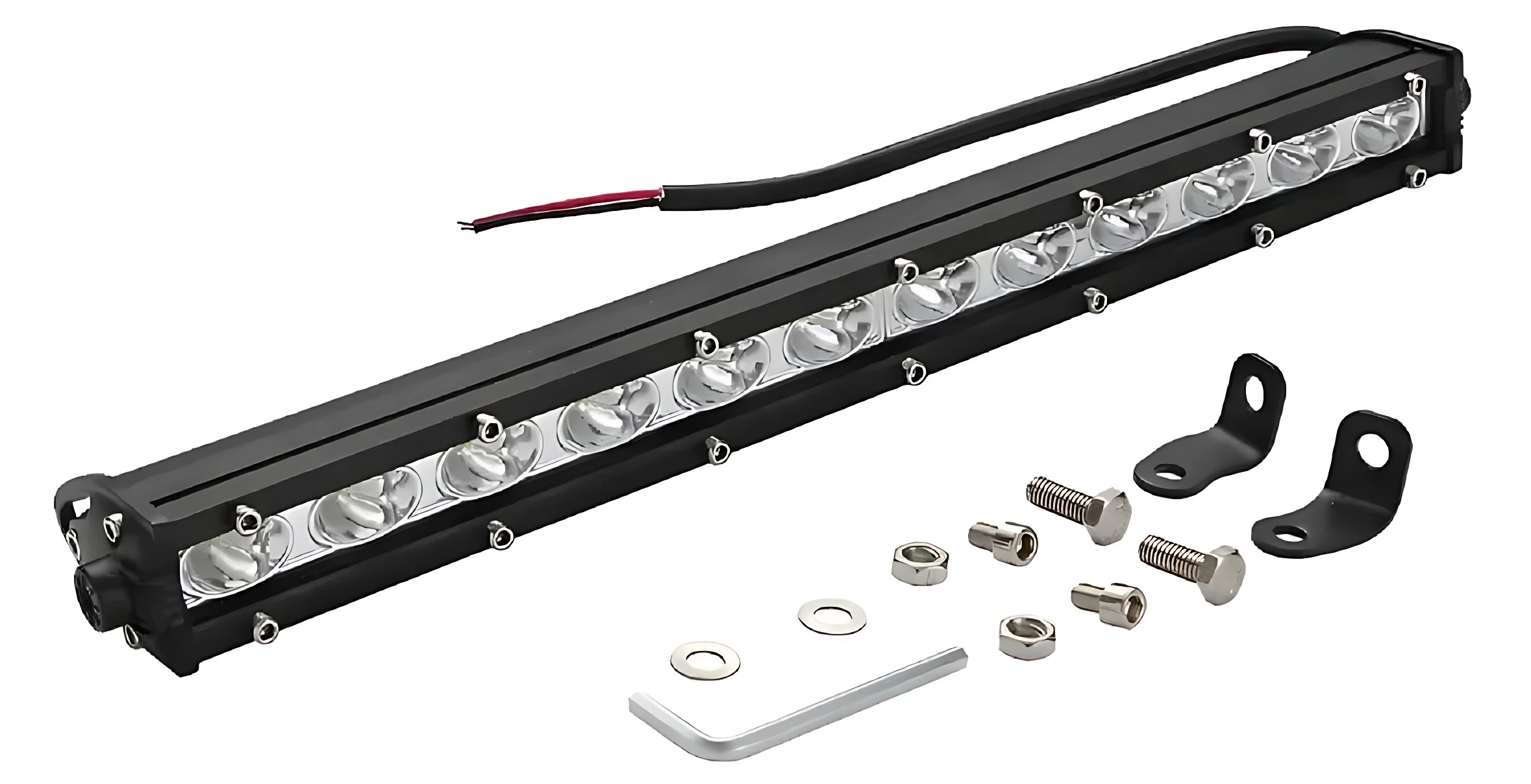 Barra LED negra de 36W con 12 diodos visibles, cables rojo y negro, soportes metálicos y tornillos incluidos.