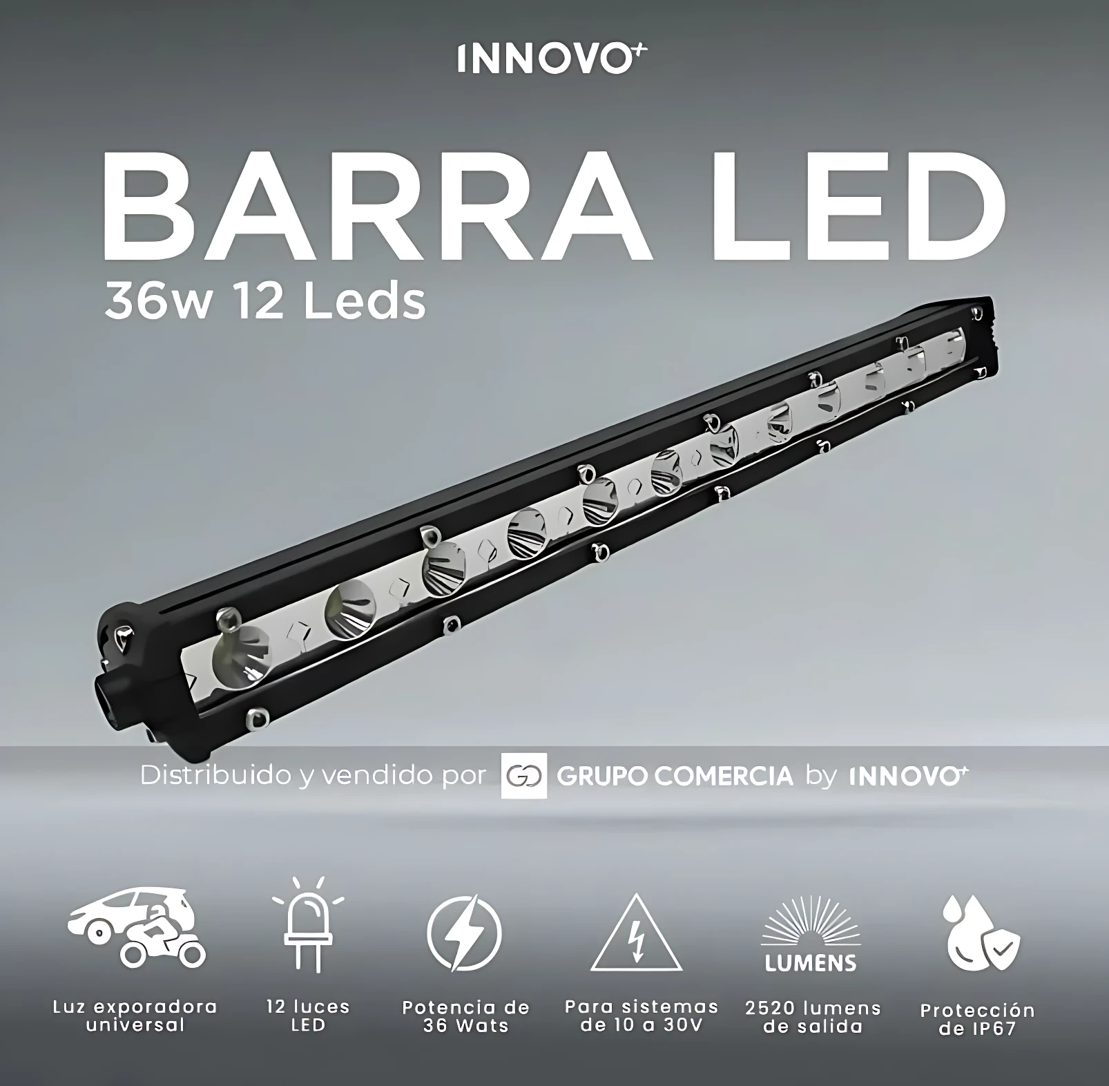 Barra LED negra de 36W con 12 luces, diseño slim HD para exploración nocturna, vista lateral sobre fondo gris.
