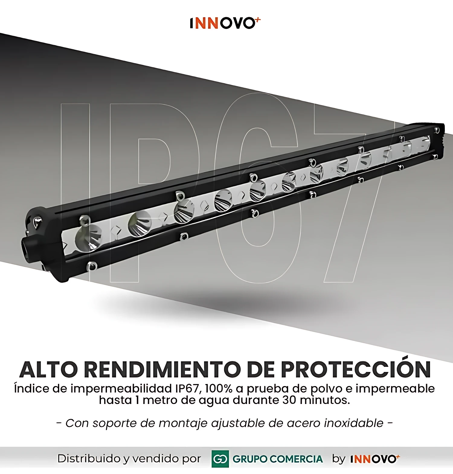 Barra LED negra de 36W con diseño slim, luces frontales visibles y soporte ajustable de acero inoxidable. Ideal para iluminación nocturna en vehículos.