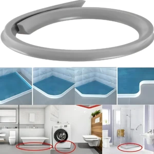 Barrera de agua plegable gris con ventosas, mostrando su forma circular y aplicaciones en baños y lavanderías para evitar derrames.