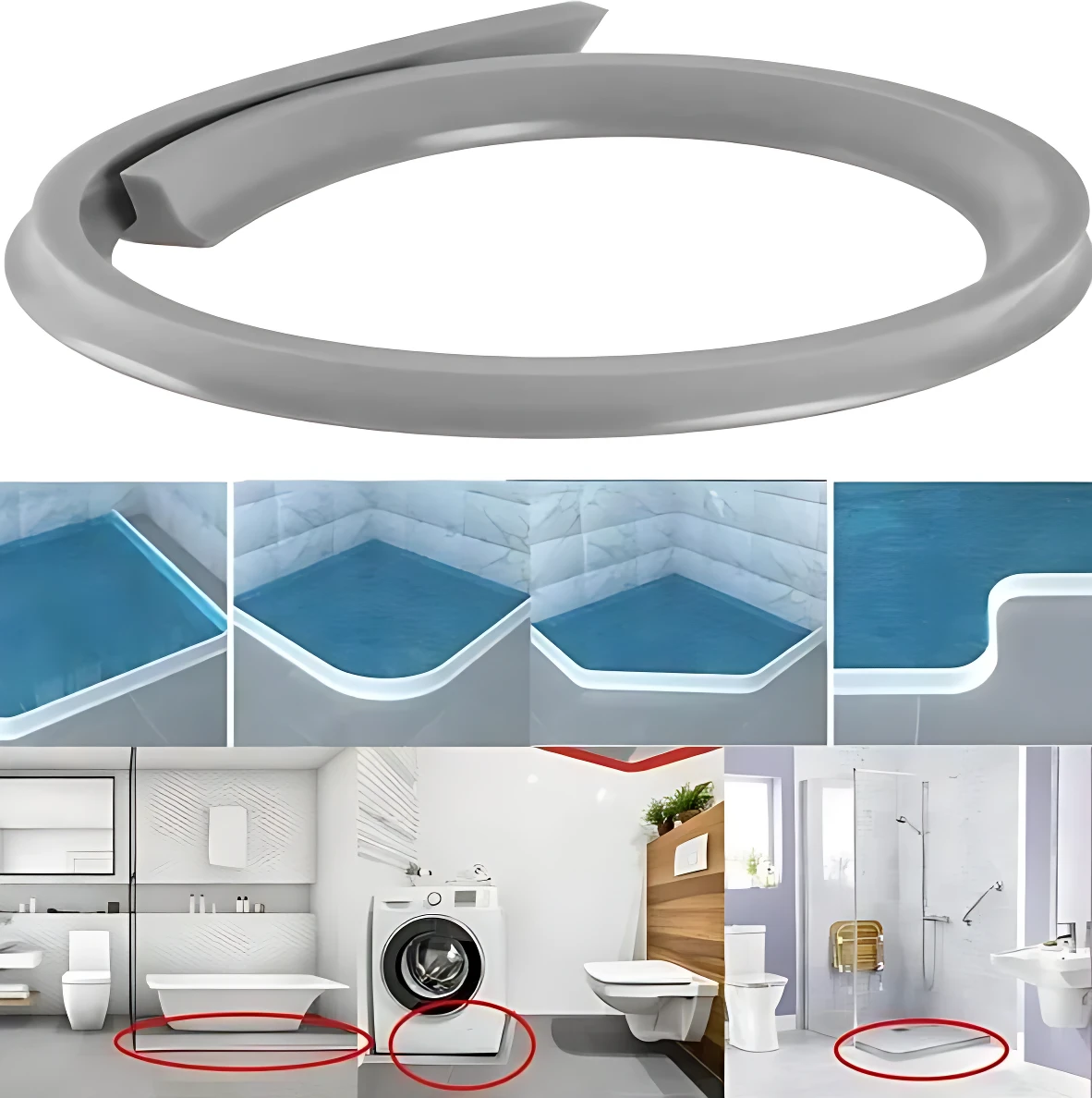 Barrera de agua plegable gris con ventosas, mostrando su forma circular y aplicaciones en baños y lavanderías para evitar derrames.