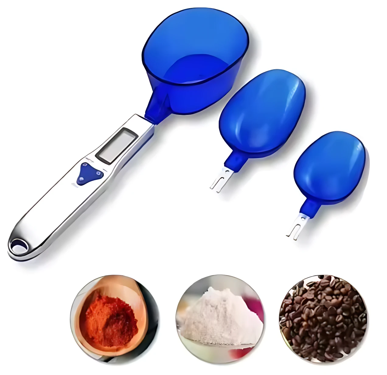 Báscula digital de cocina con tres recipientes azules y tres muestras de ingredientes: polvo rojo, harina blanca y granos marrones.