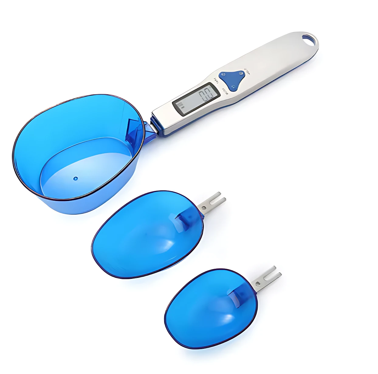 Báscula digital de cocina con tres recipientes azules, diseño ergonómico y pantalla LED visible.