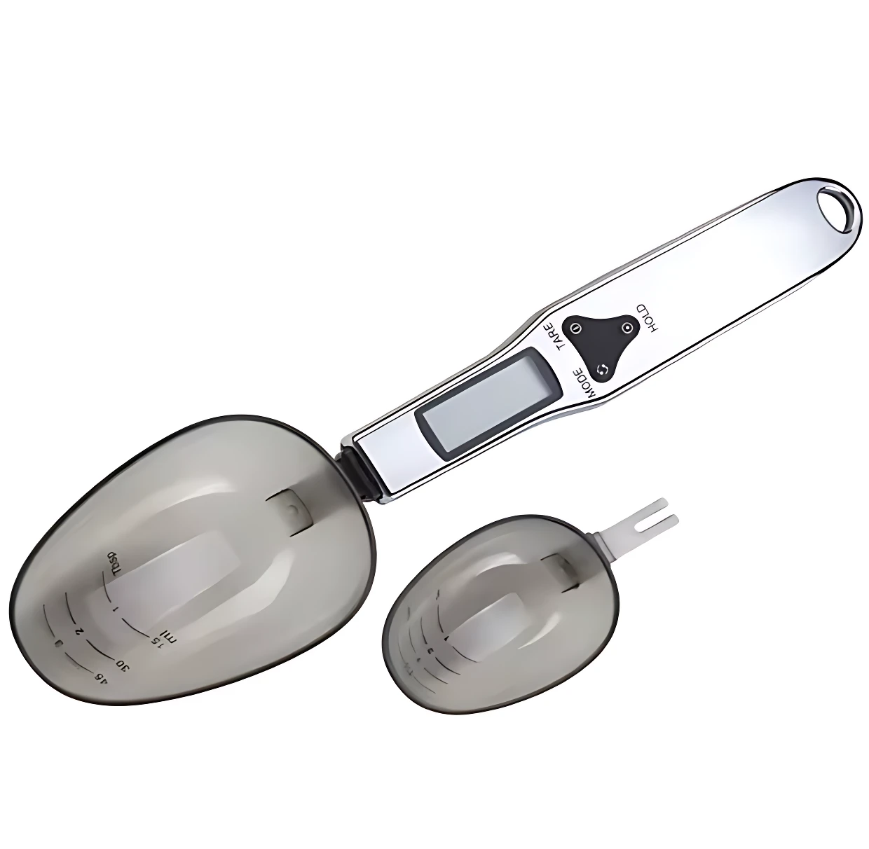 Báscula digital de cocina negra con función tara y alta precisión, mostrando su diseño compacto y pantalla LCD. Incluye dos recipientes transparentes con medidas graduadas para facilitar el uso en recetas.