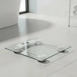 Báscula de vidrio templado cuadrada con patas blancas y pantalla LCD, sobre piso de cerámica en baño moderno.