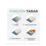 Báscula de cocina metálica con pantalla digital, mostrando paso a paso la función tarar: encender, colocar recipiente vacío, presionar botón Z/T y añadir ingredientes.