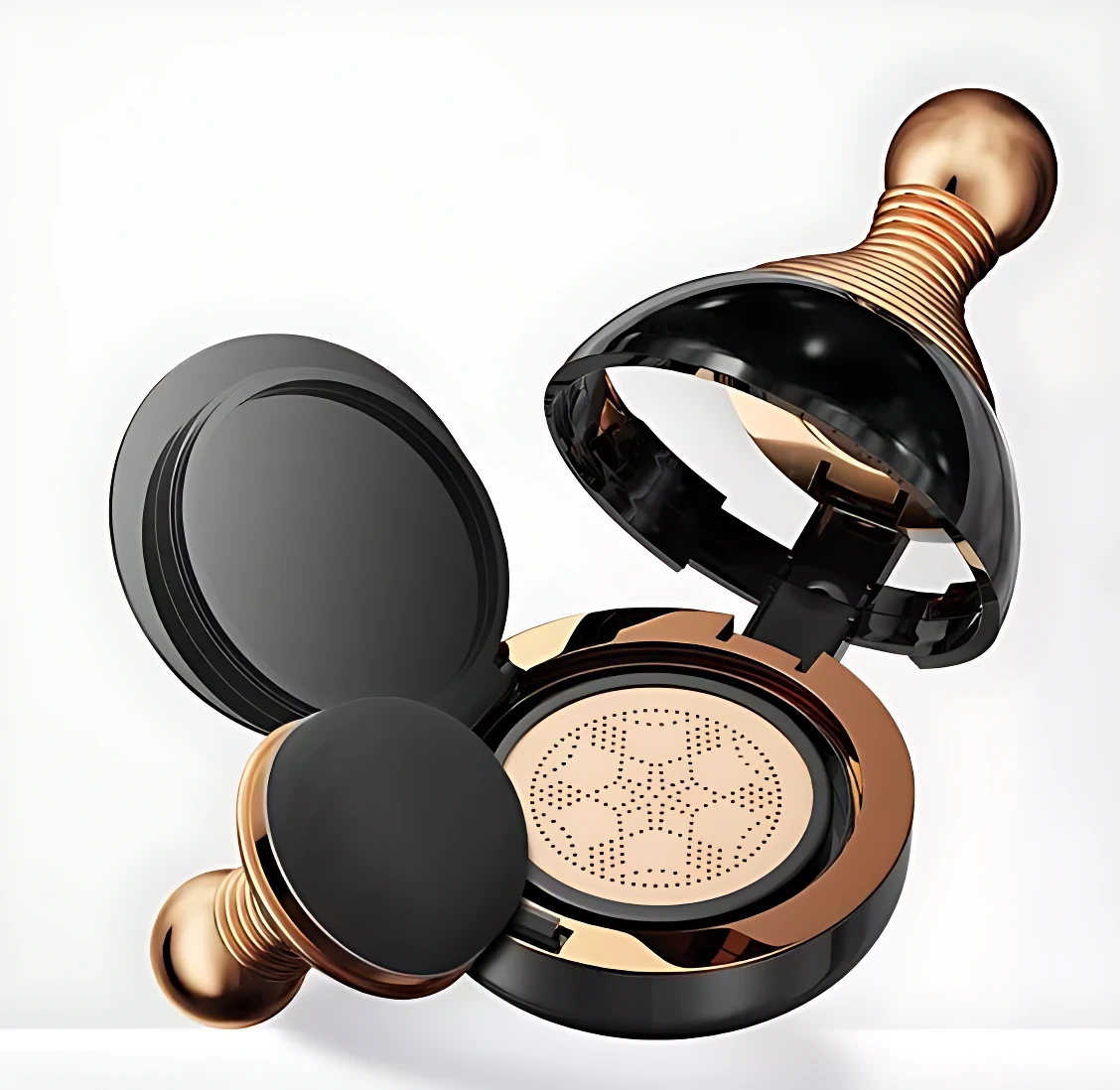 Base Bioaqua con acabado radiante y alta cobertura, presentada en compacto negro y dorado con aplicador incluido.