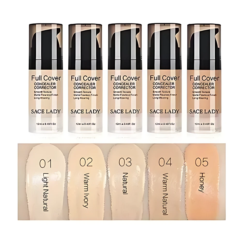 Cinco tubos de base corrector Sace Lady de 12 ml con acabado mate, mostrando cinco tonos: 01 Light Natural, 02 Warm Ivory, 03 Natural, 04 Warm Natural y 05 Honey.