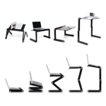Base de laptop T8 con patas articuladas en negro, mostrada en seis posiciones: inclinada, plana, elevada y plegada, con portátiles y accesorios encima.