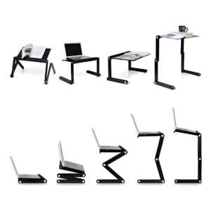 Base de laptop T8 con patas articuladas en negro, mostrada en seis posiciones: inclinada, plana, elevada y plegada, con portátiles y accesorios encima.