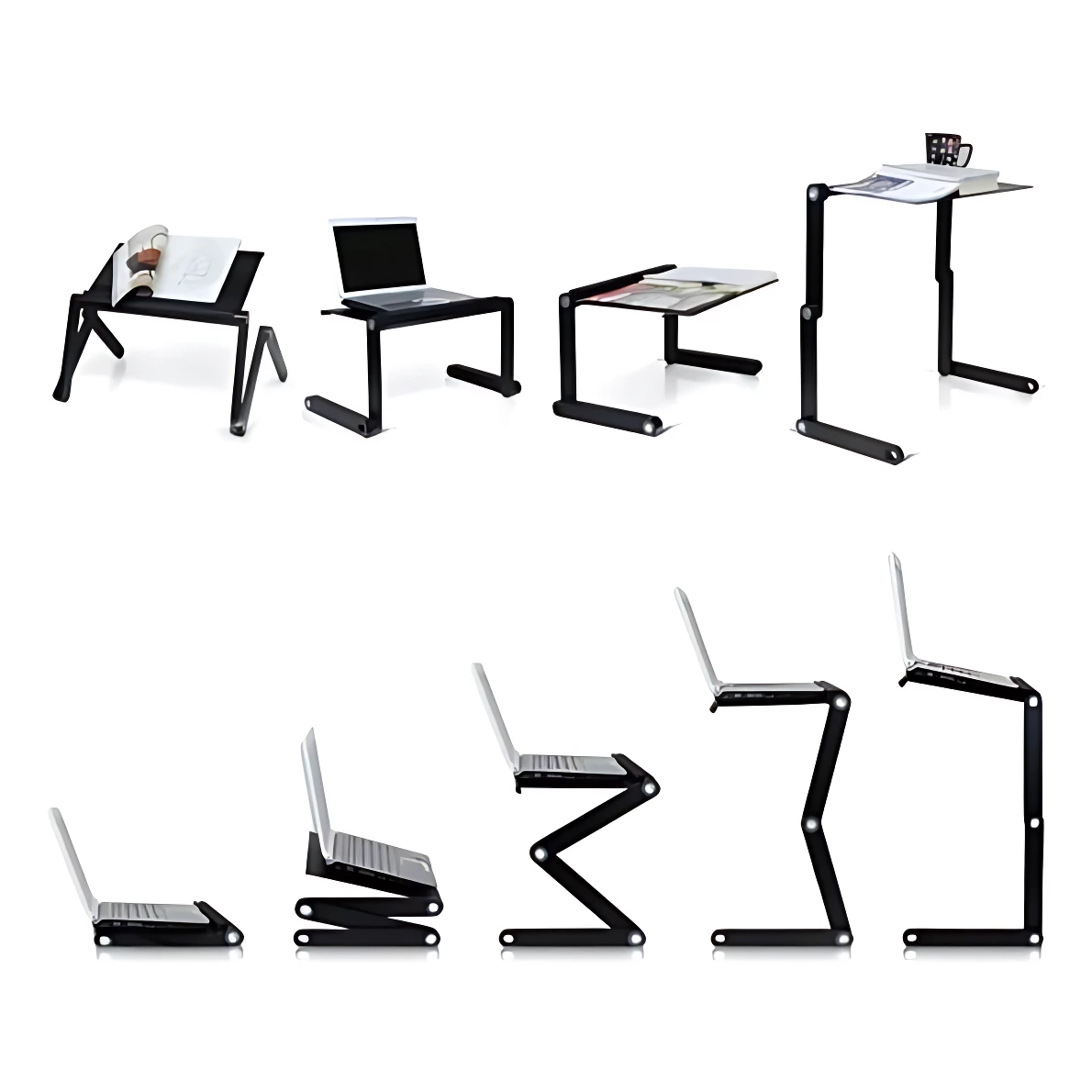 Base de laptop T8 con patas articuladas en negro, mostrada en seis posiciones: inclinada, plana, elevada y plegada, con portátiles y accesorios encima.