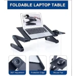 Base de laptop negra con patas articuladas y superficie inclinada, mostrando ajuste de altura, borde protector y reposamouse integrado.