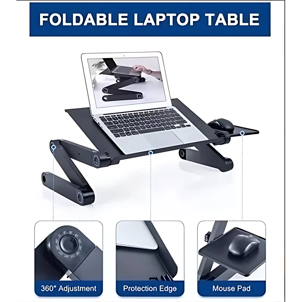 Base de laptop negra con patas articuladas y superficie inclinada, mostrando ajuste de altura, borde protector y reposamouse integrado.
