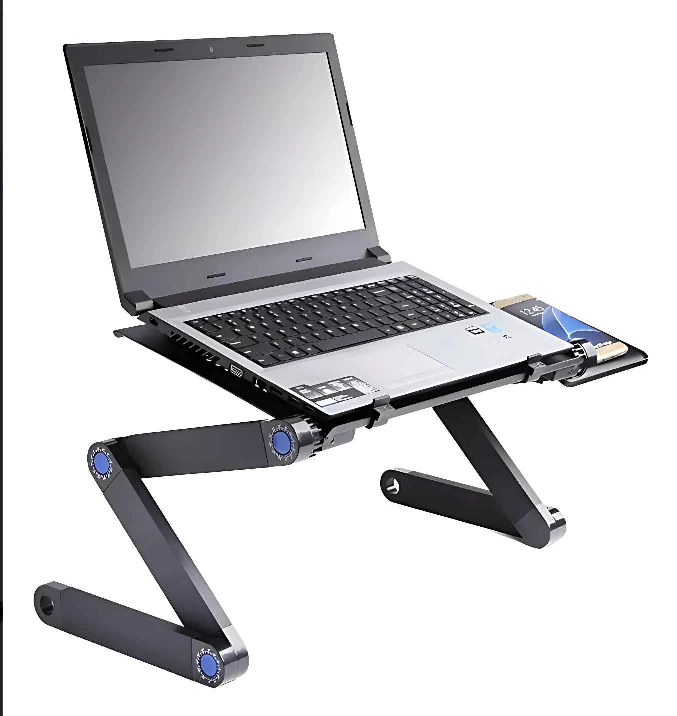 Base de laptop T8 con patas articuladas en color negro, mostrando una laptop abierta sobre su superficie con soporte para tablet lateral.