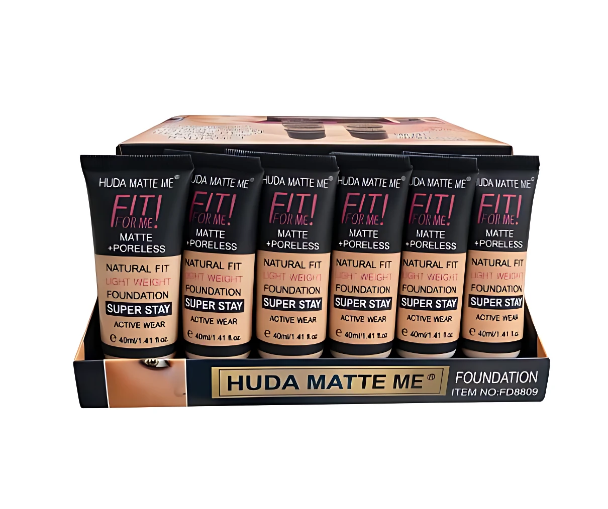 Set de tres tubos de base mate Huda Matte Me, presentación natural fit, acabado sin brillo, control de grasa y larga duración.