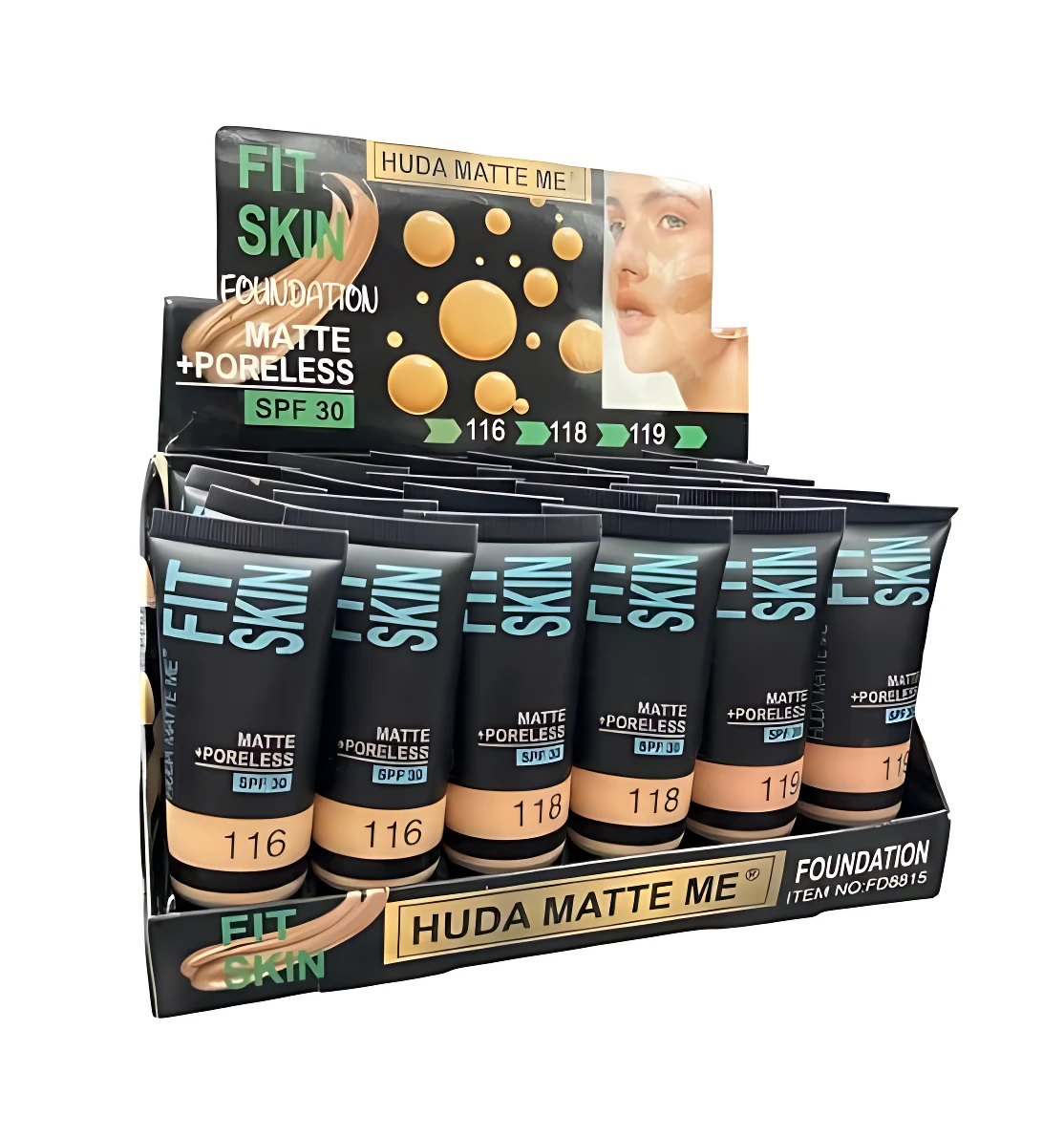 Set de tres tubos de base mate Huda Beauty con acabado natural, control de grasa y SPF 30. Tonos visibles: 116, 118 y 119. Presentación en caja con etiquetas frontales y muestra de aplicación en rostro.