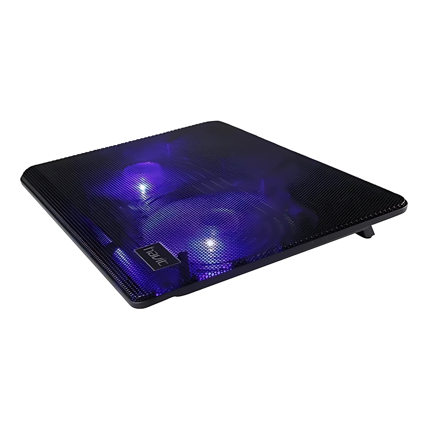 Base refrigerante Havit en color negro con malla texturizada y luces LED azules activas, vista en ángulo diagonal mostrando ventiladores internos y patas de elevación trasera.