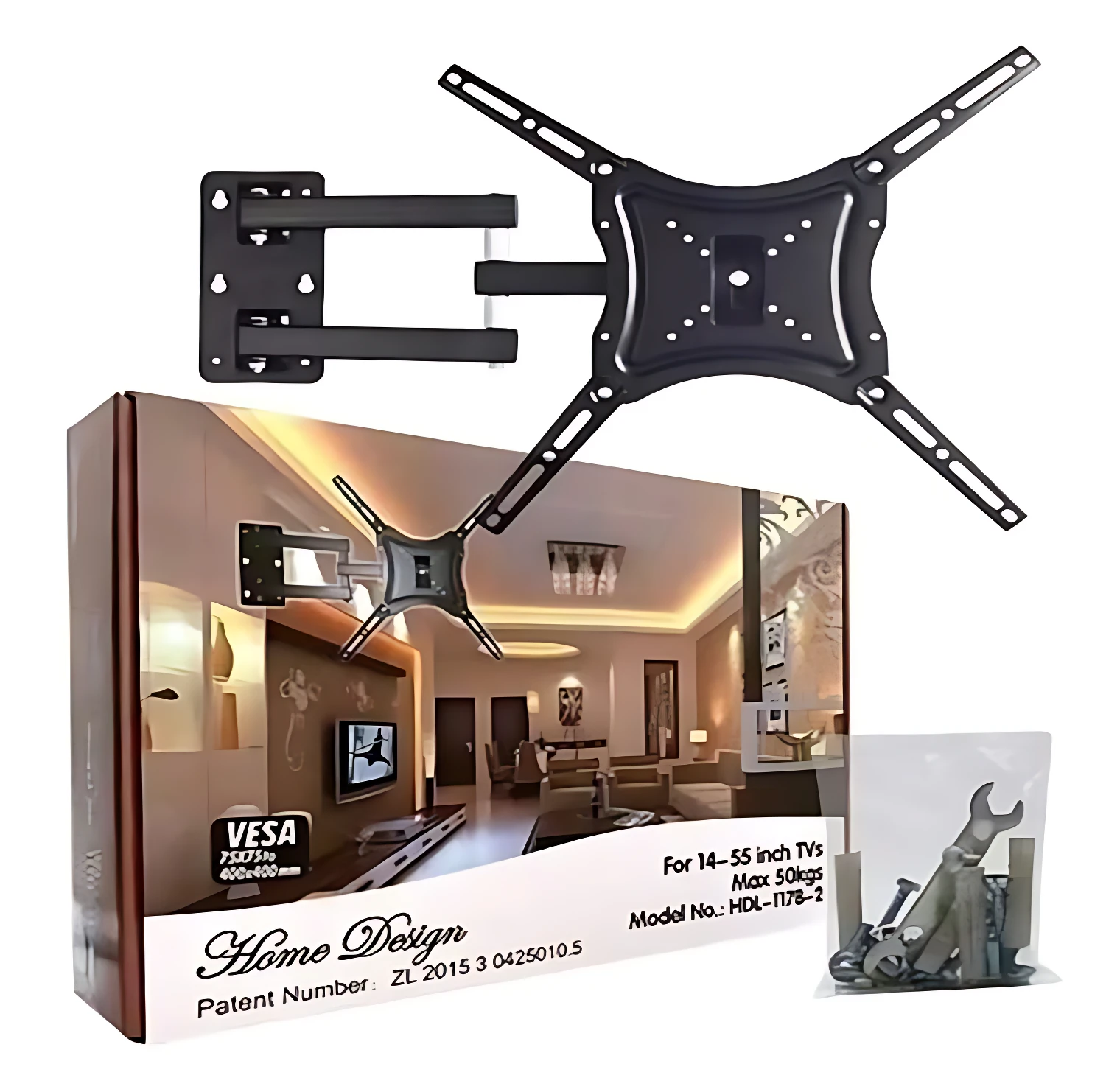 Soporte extensible para TV de 14 a 55 pulgadas, color negro, con base de pared y brazo articulado; incluye caja con de sala y accesorios en bolsa transparente.