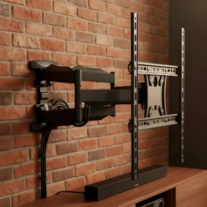 Base TV de pared en color negro, con brazo articulado y soporte metálico, montada sobre estante de madera frente a pared de ladrillo visto.