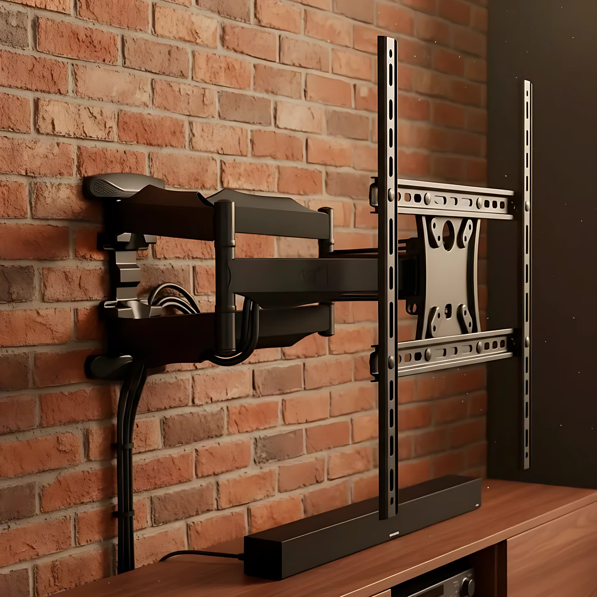 Base TV de pared en color negro, con brazo articulado y soporte metálico, montada sobre estante de madera frente a pared de ladrillo visto.