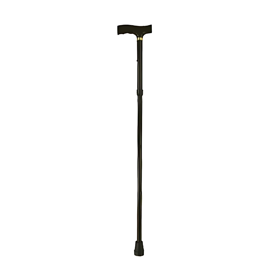 Bastón plegable de aluminio negro con mango ergonómico y punta antideslizante, en posición vertical sobre fondo blanco.